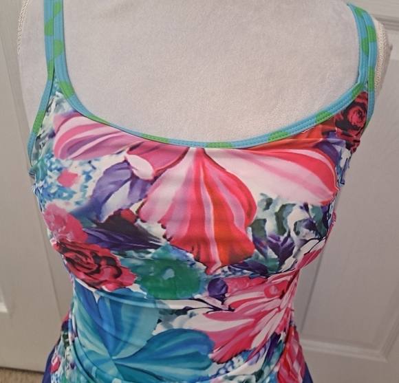 Floral Tankini Top & Solid Blue Skort With Attached Bikini Bottom   Size M - Picture 2 of 9